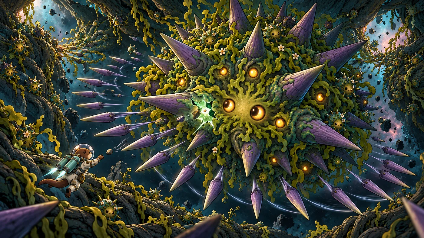 Key art: a giant spiny green urchin with many glowing eyes fills a cavern of roots.