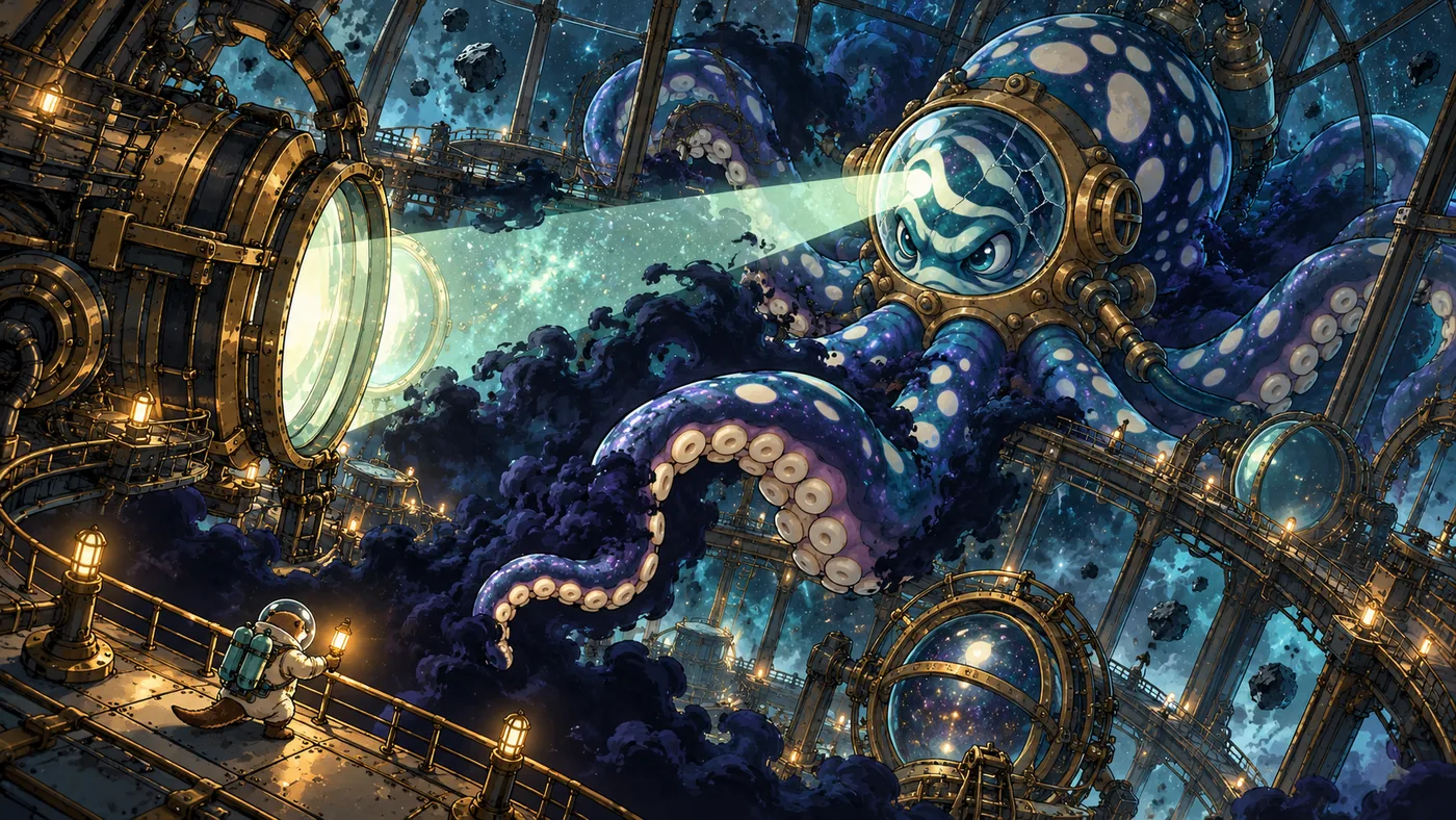 Key art: a vast octopus in a glass helmet coils through an observatory vault lit by a lens beam.