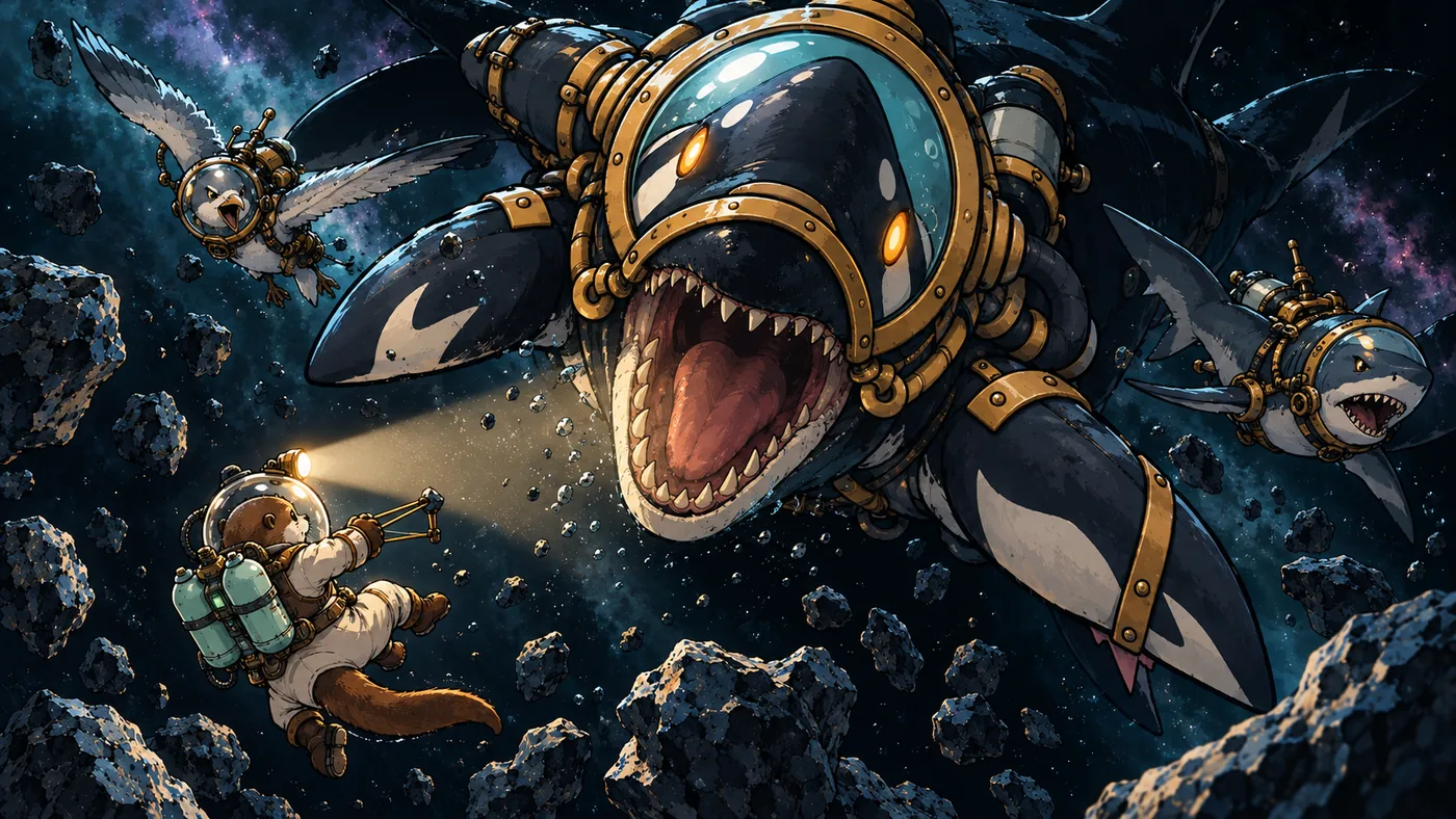 Key art: a huge armoured orca in a brass helmet lunges, jaws open, as otters scatter with their lamps.