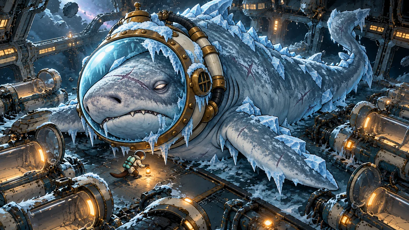 Key art: an ancient shark frozen in ice rests in a vault of cryo pods.