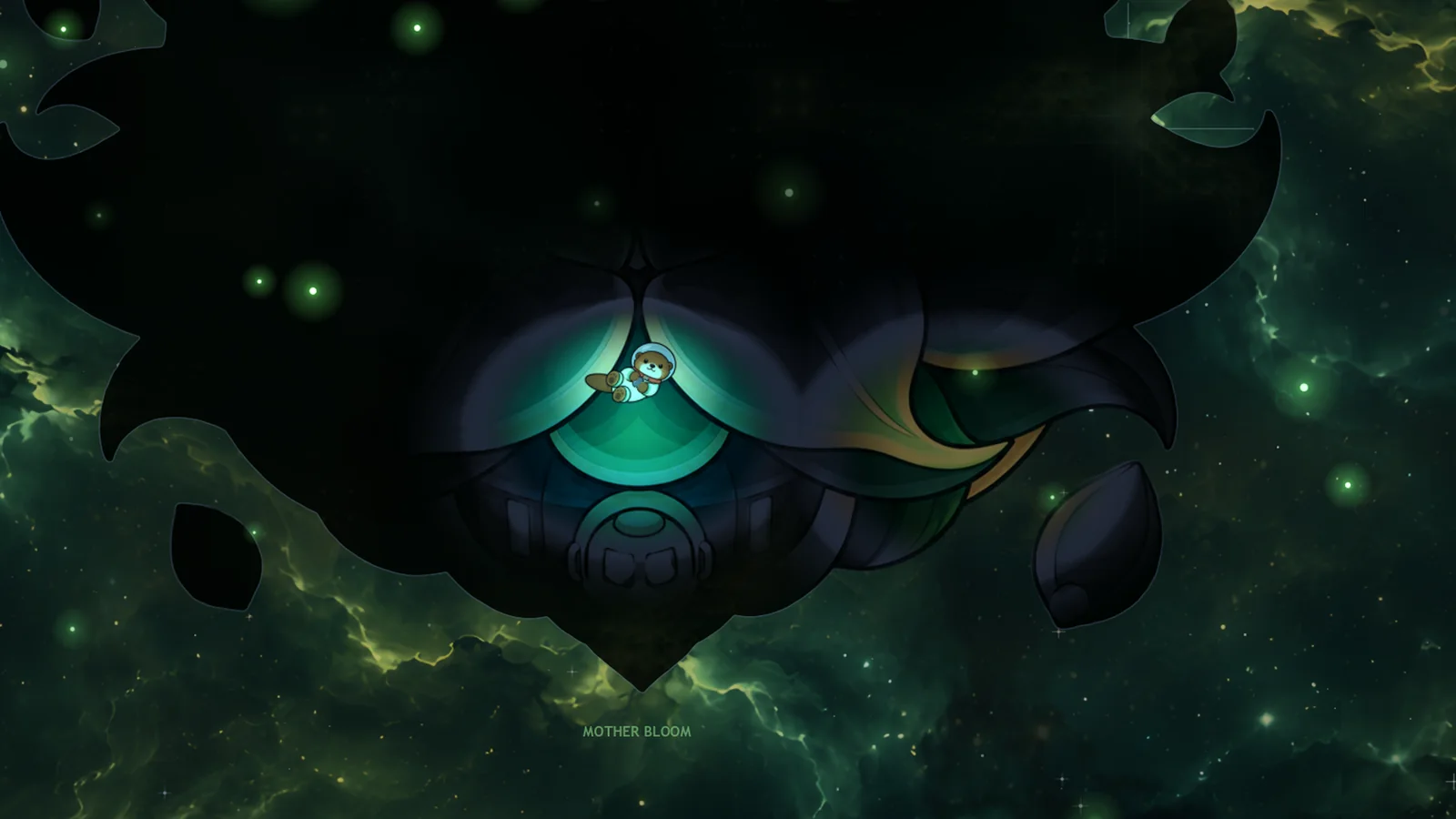In-game: a huge green bloom of glowing growth spreading over the rocks.