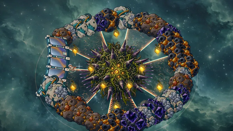In-game: the Bramble Mother in the centre of a ring-shaped arena of rocks, spines volleying out.