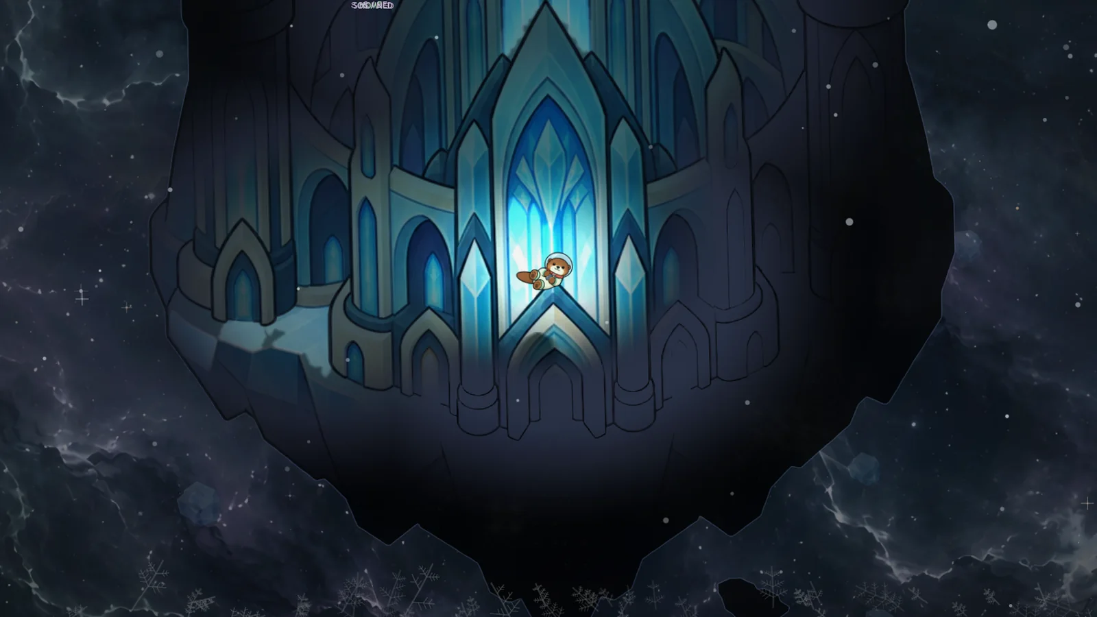 In-game: a cathedral of blue ice spires in a cold, empty stretch of space.