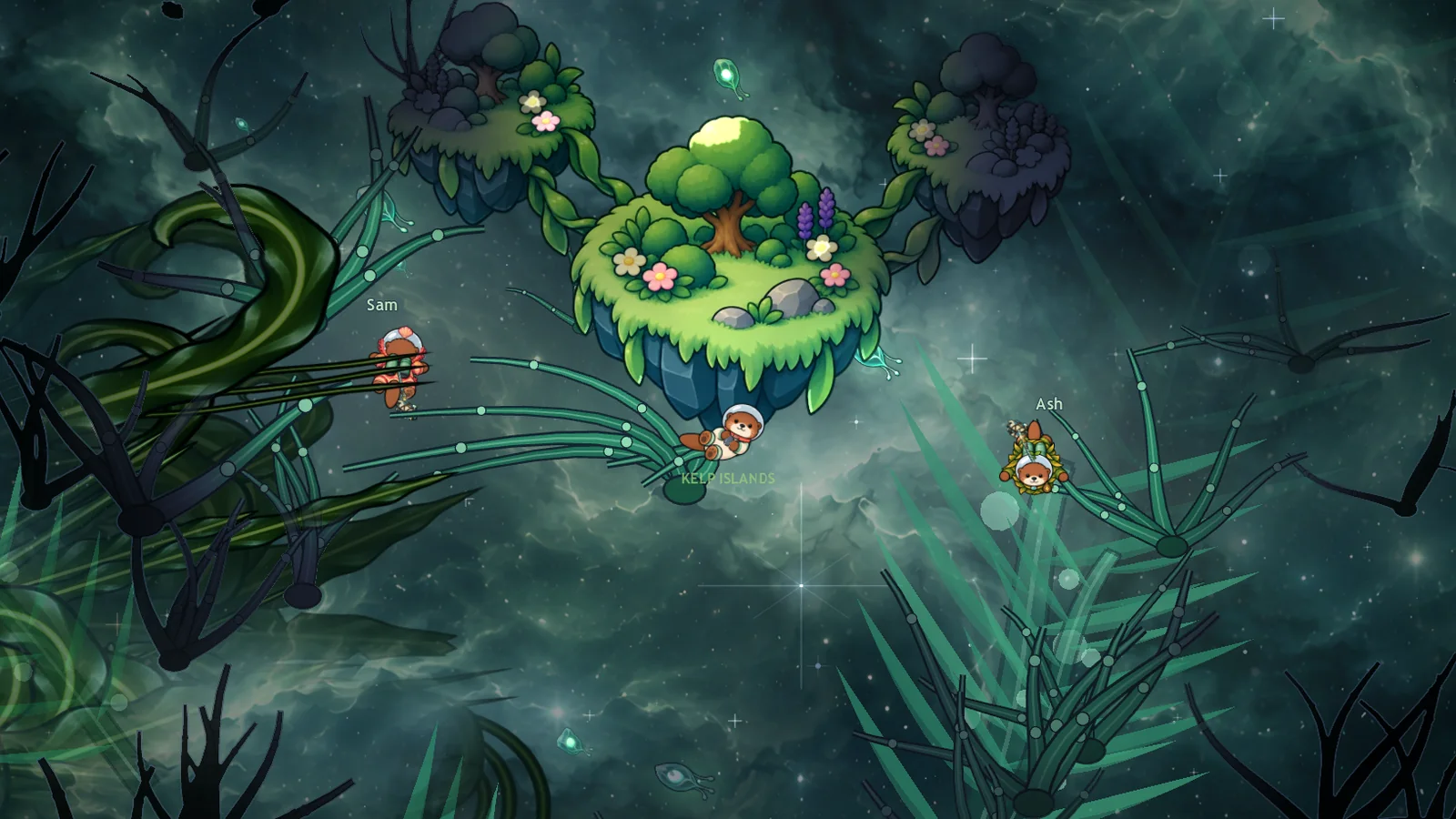 In-game: three otters in their suits fly together through the dark.