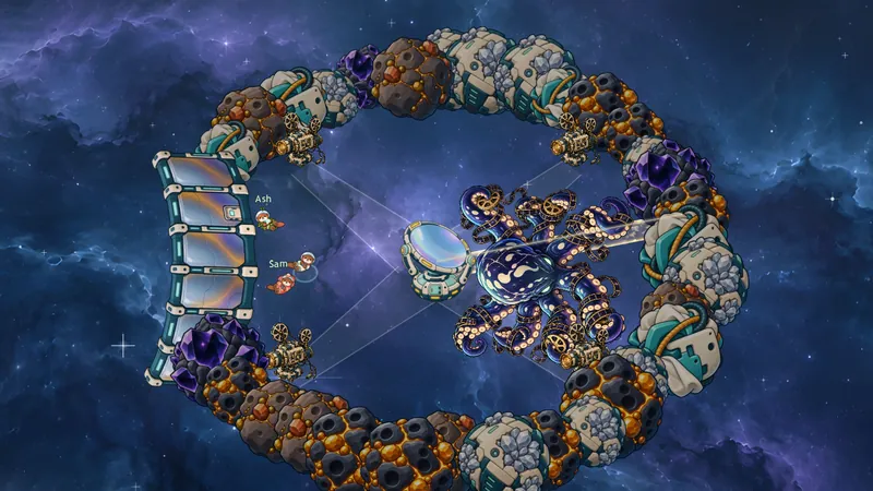 In-game: three otters fight the Curator in its vault while a lens throws a beam across the arena.