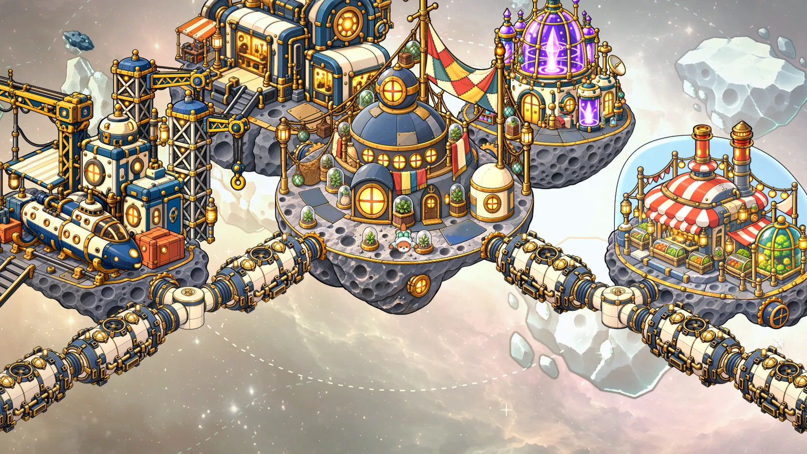In-game: a home of otter-built buildings joined by glass tubes, every window lit.