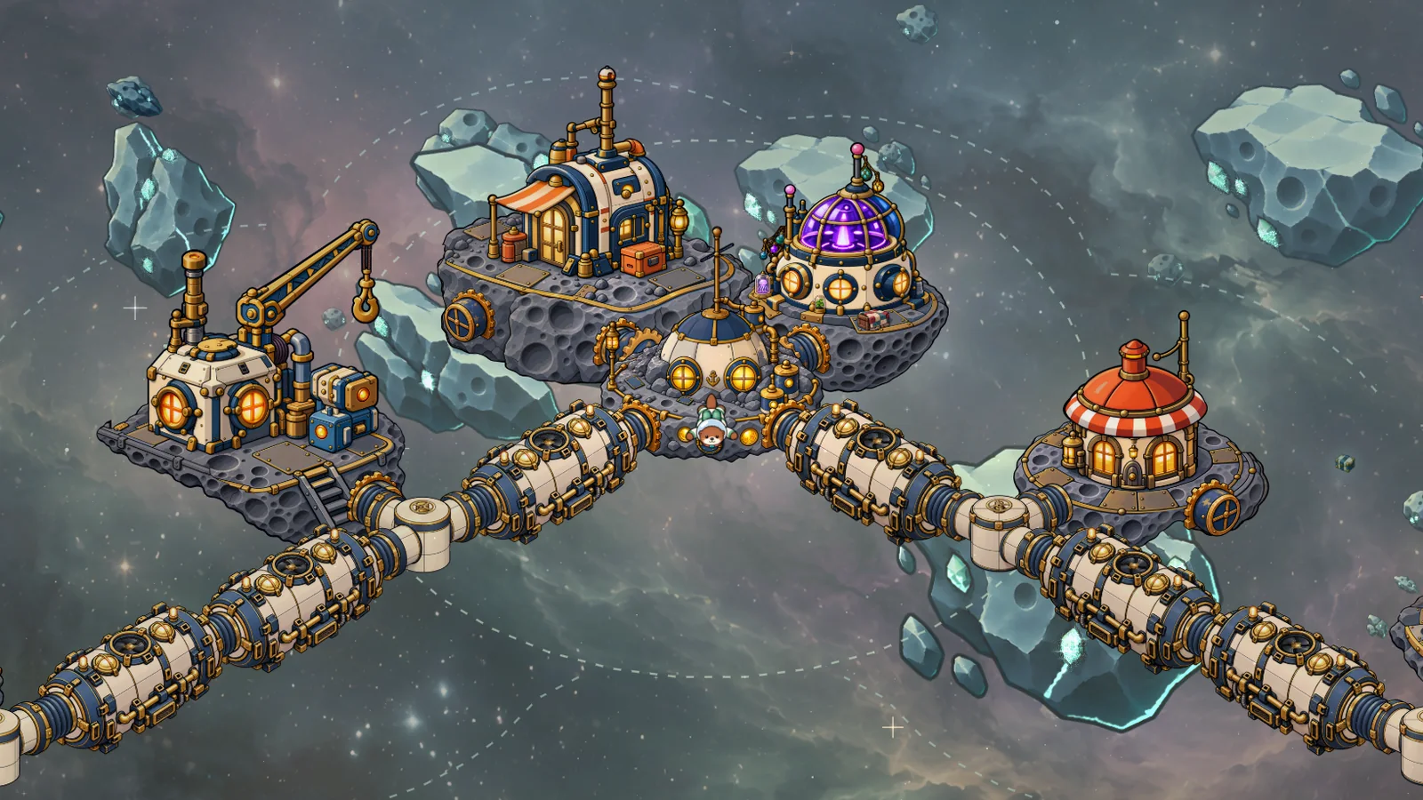 In-game: the home on day one, a few small buildings on the rocks.