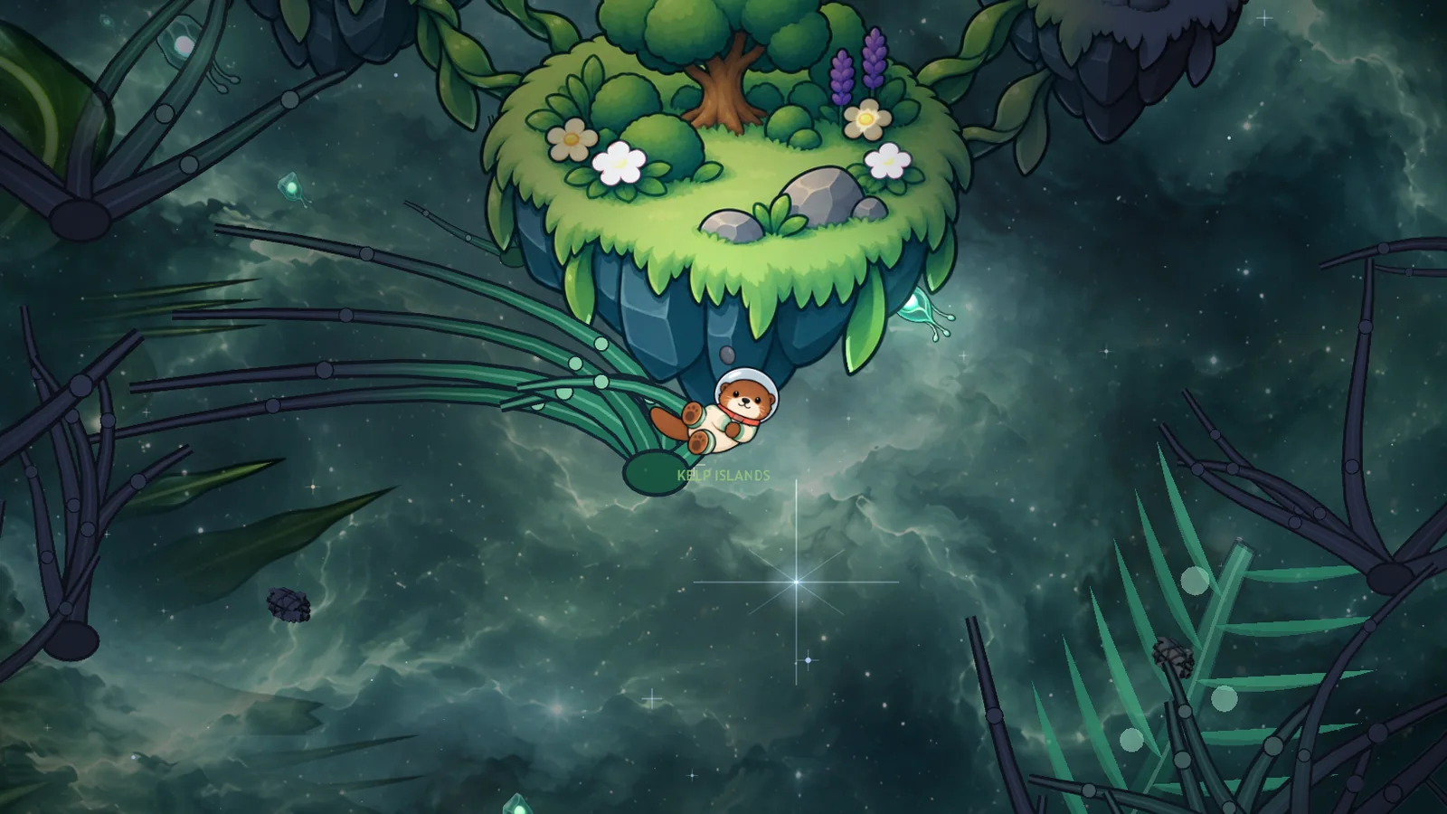 In-game: little islands of rock and kelp tied together with rope, drifting in the dark.