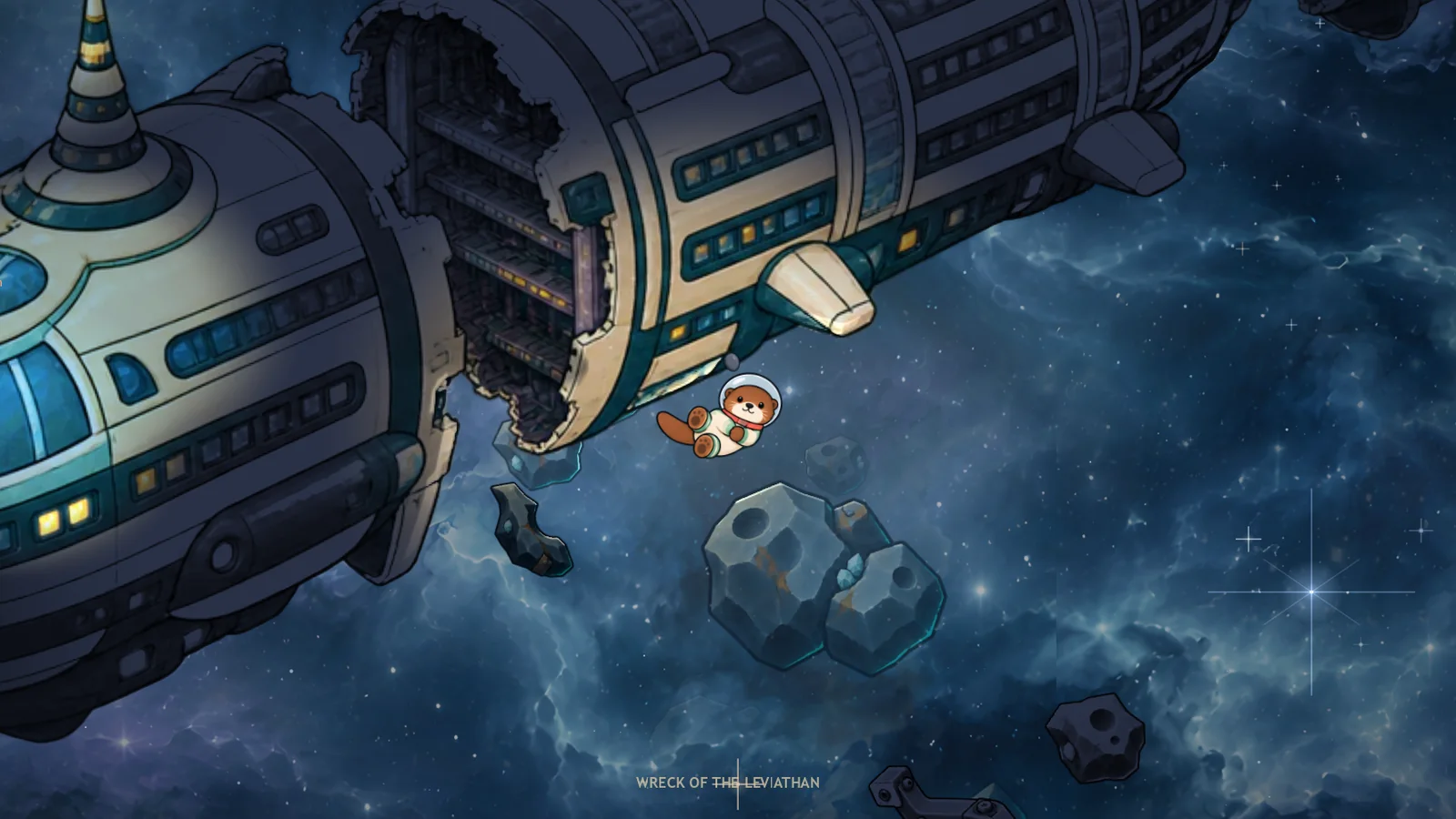 In-game: a small otter floats beside the Wreck of the Leviathan, a huge cream and navy ship broken in the middle.