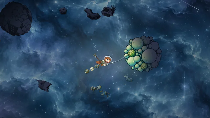 In-game: an otter tethered to a cluster of round green rocks, a grappling claw out to another rock, salvage hanging on its tow line.