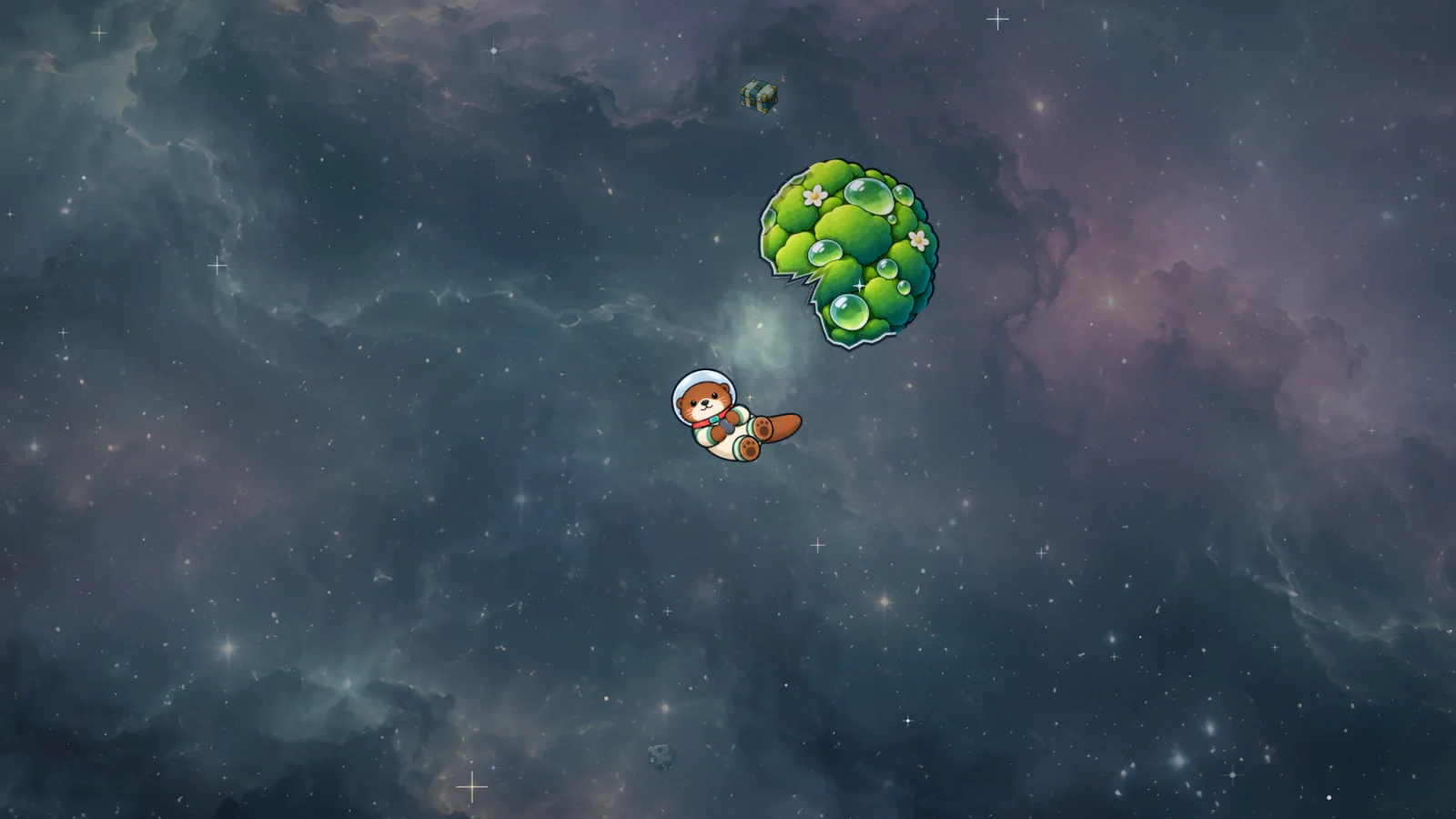 In-game: an otter mining an asteroid, chips of rock and ore breaking away.