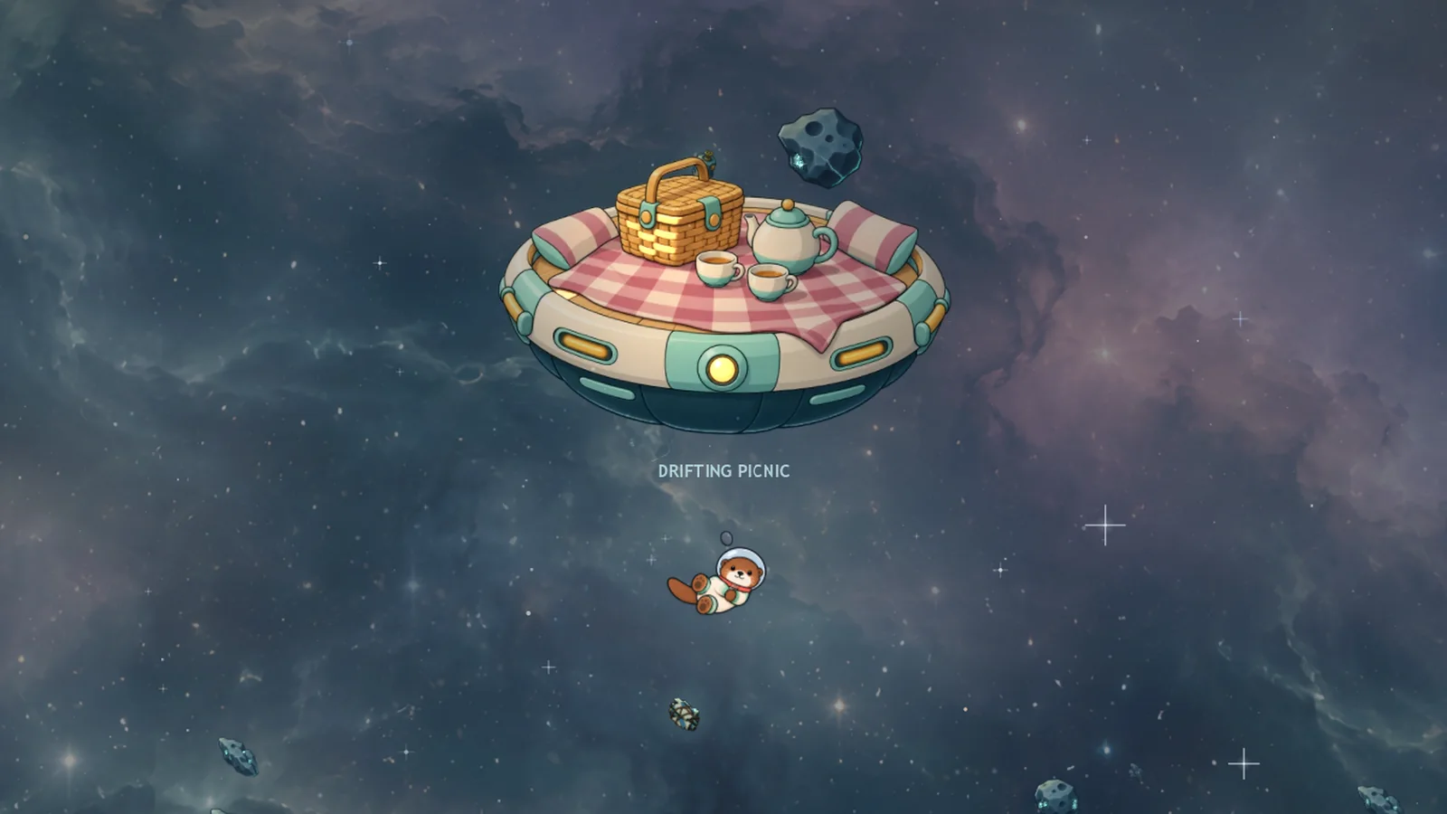 In-game: a picnic blanket and a teapot float among the rocks near home.