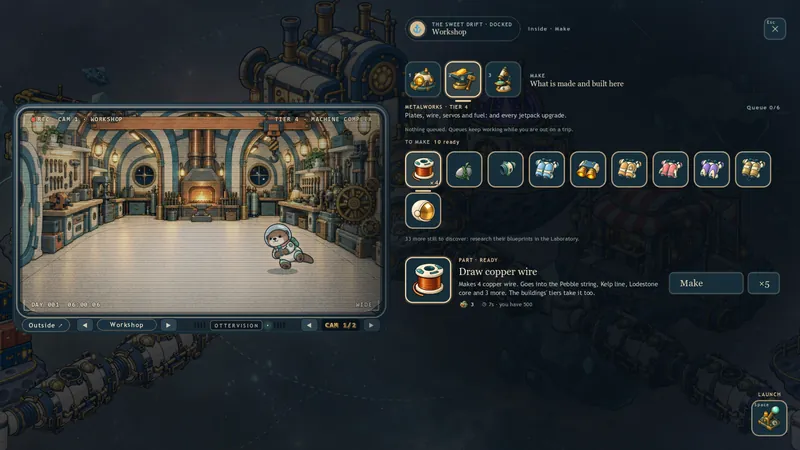 In-game: inside the Workshop, its Make tab open with copper wire and jetpack upgrades to craft.